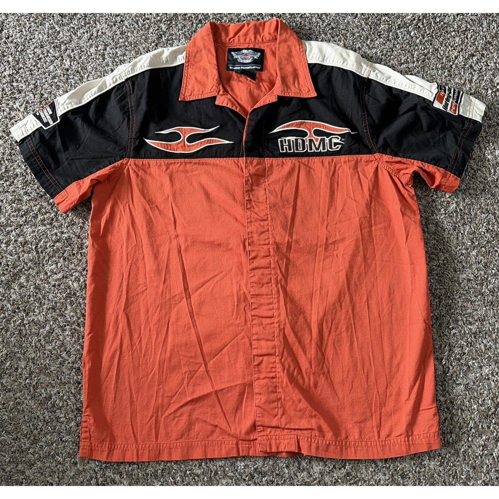 Harley Davidson Motor Clothes Racing Button Up Shirt Orange Flames Large